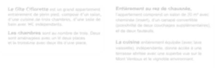 Entirement au rez de chausse, lappartement comprend un salon de 20 m avec chemine (insert), dun canap convertible (possibilit de deux couchages supplmentaires), et de deux fauteuils.   La cuisine entirement quipe (avec lave vaisselle), indpendante, donne accs  une terrasse abrite avec une superbe vue sur le Mont Ventoux et le vignoble environnant.   Le Gte Ciflorette est un grand appartement entirement de plein pied. compos dun salon, dune cuisine,de trois chambres, dune salle de bain avec WC indpendants.  Les chambres sont au nombre de trois. Deux sont amnages avec un lit deux places  et la troisime avec deux lits dune place.